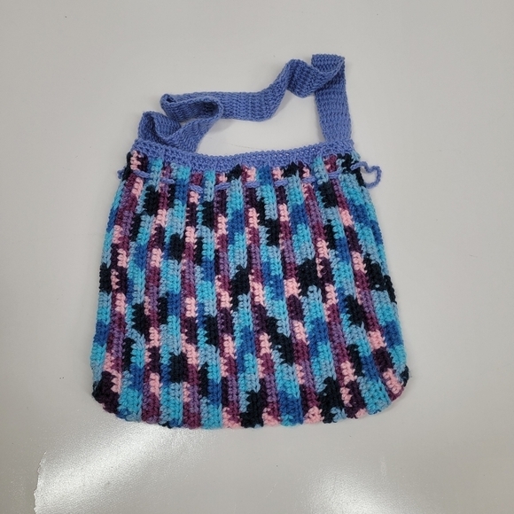 Knit Crochet Shoulder Bag Boho Artisan Hand Made Purse Satchel Purple Drawstring - Picture 5 of 14